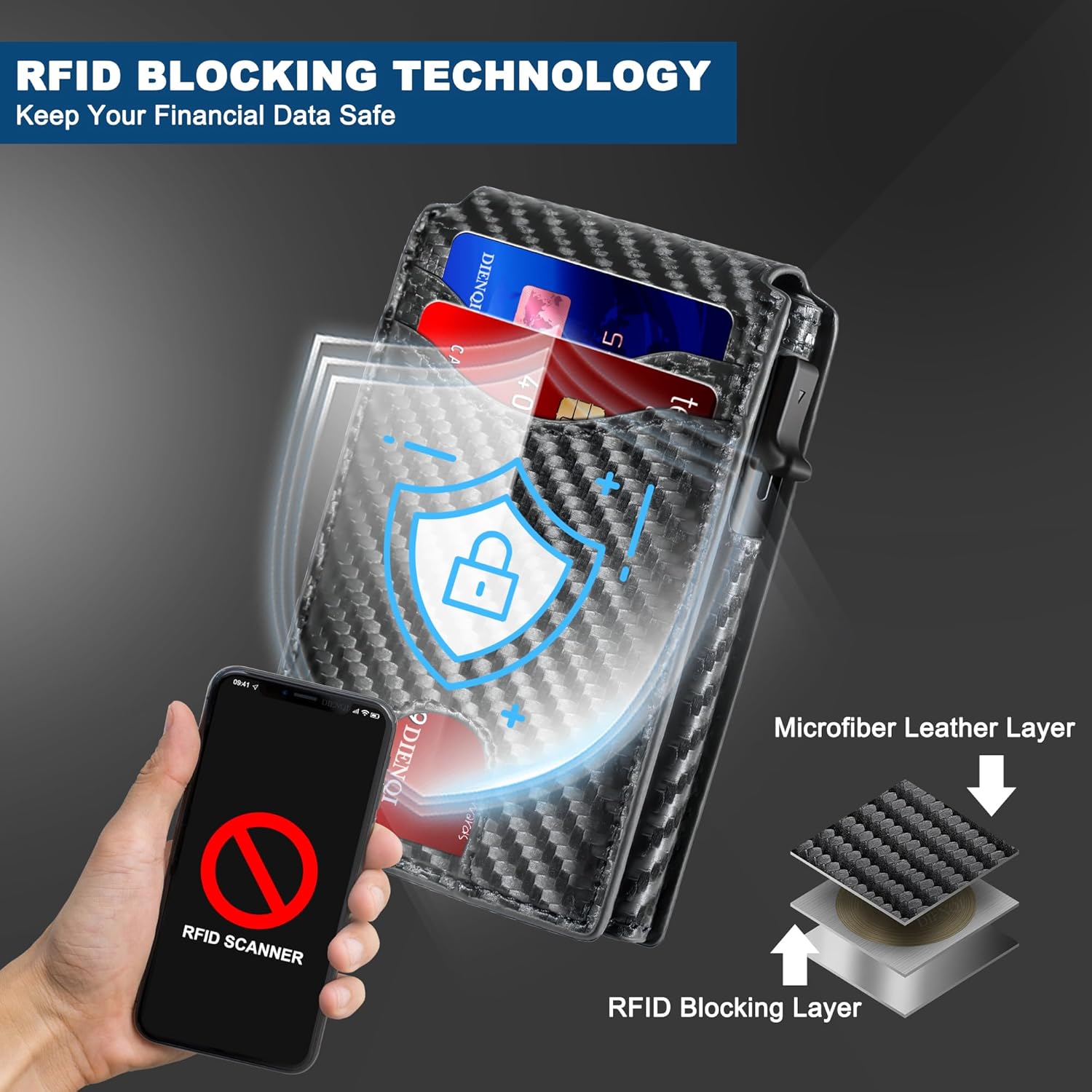 Wallet for Men, Pop Up Bank Credit Card Holder Case, RFID Blocking, Compact, Smart, Slim, Minimalist, Thin, 11 Cards Capacitiy | ID Window | Aluminum Metal | Carbon Fiber Pattern | Women (Black) - Image 7