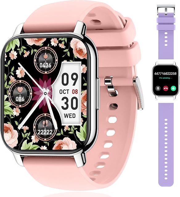 Popglory Smart Watch Call Receive/Dial, 1.85 inch Smartwatch avec AI Contrôle de la voix, moniteur de fréquence cardiaque, Fitness Tracker Watch avec 2 Paille pour hommes & Femmes iOS & Téléphones Android