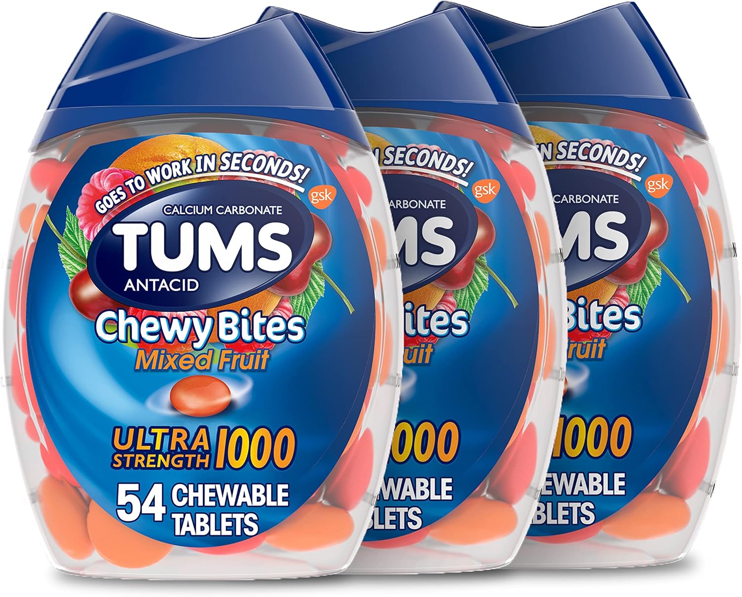 TUMS Chewy Bites Ultra Strength Antacid Tablets for Chewable Heartburn Relief and Acid Indigestion Relief, Mixed Fruit, Acid Reducer, 54 Count, Pack of 3