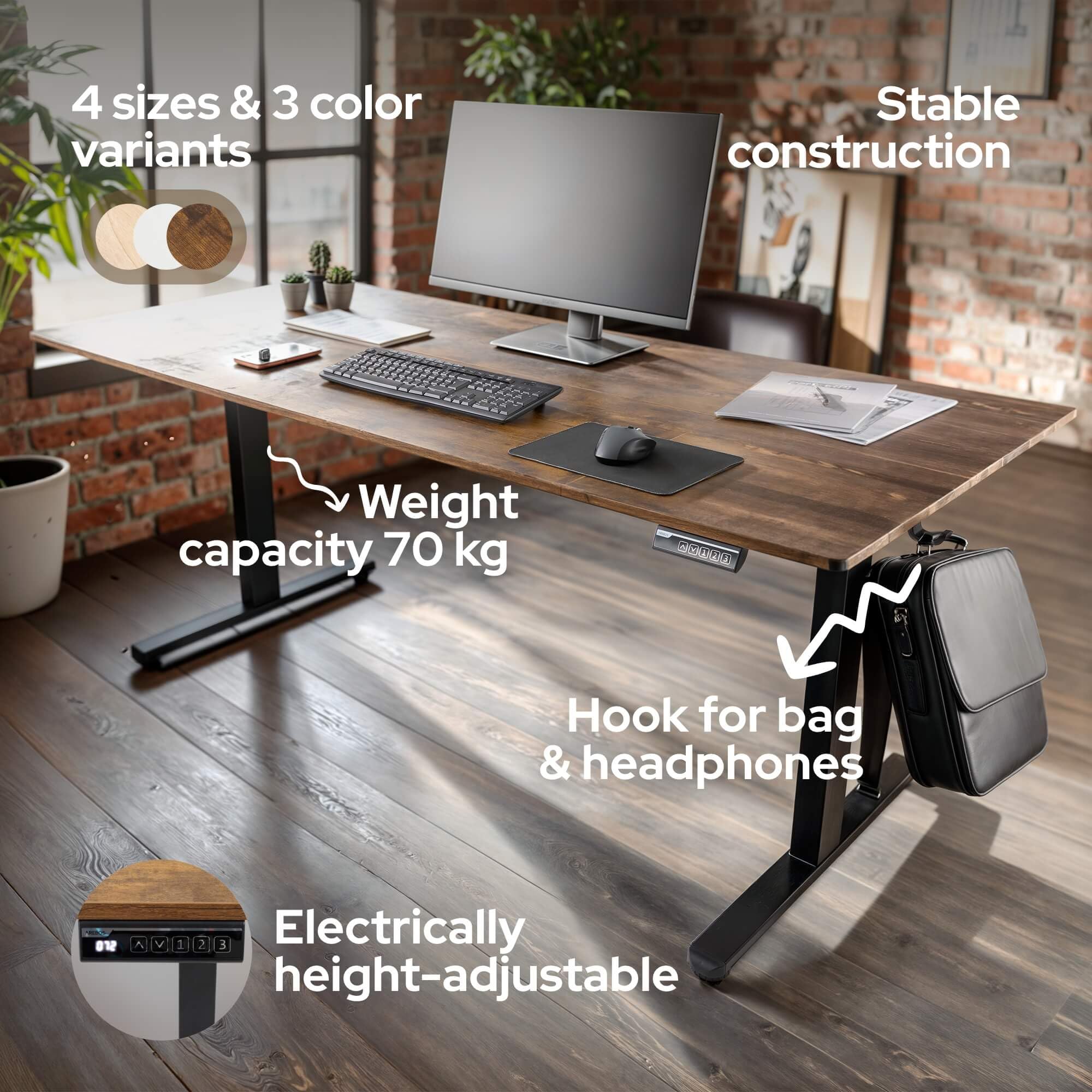 Arebos Escritorio Eléctrico Ajustable 160 x 80 cm | Altura 72-118 cm | Función Memoria | Mesa Ergonómica de Pie y Sentado | para Oficina, Hogar, Teletrabajo | Marrón
