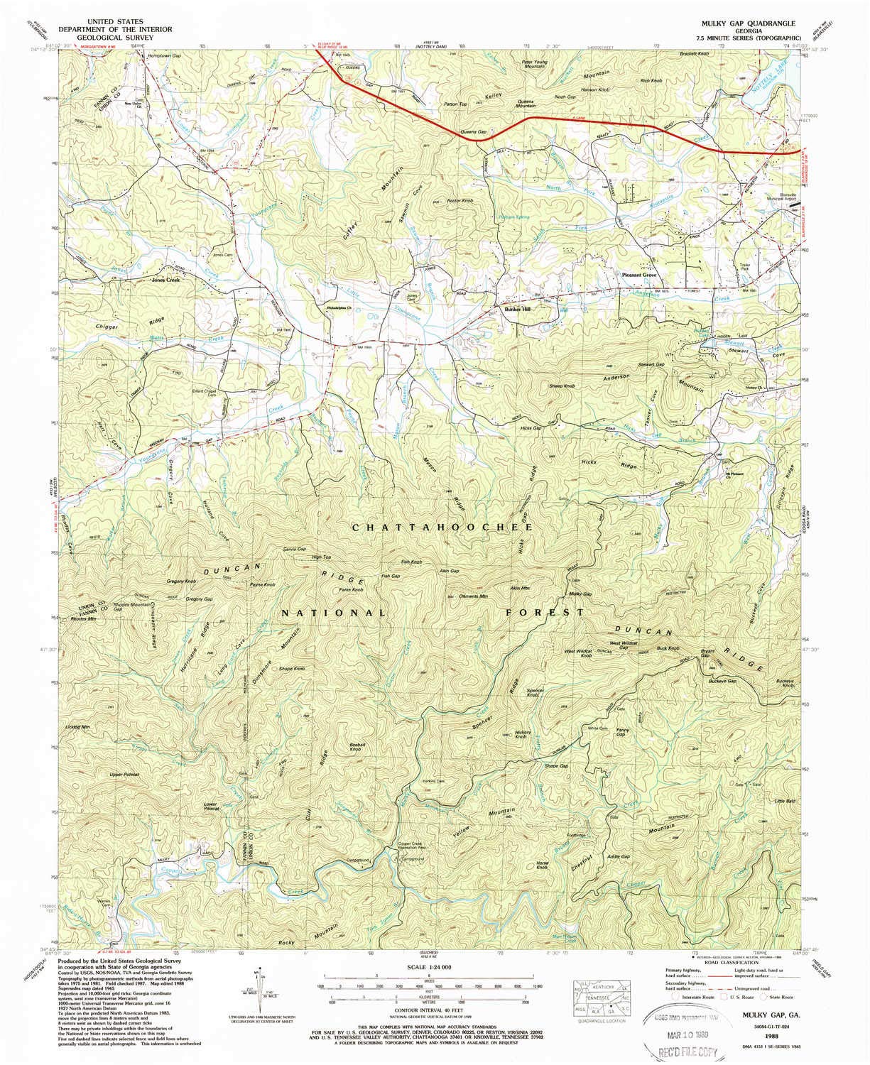 YellowMaps Mulky Gap GA topo map, 1:24000 Scale, 7.5 X 7.5 Minute, Historical, 1988, Updated 1988, 26.9 x 22 in - Paper