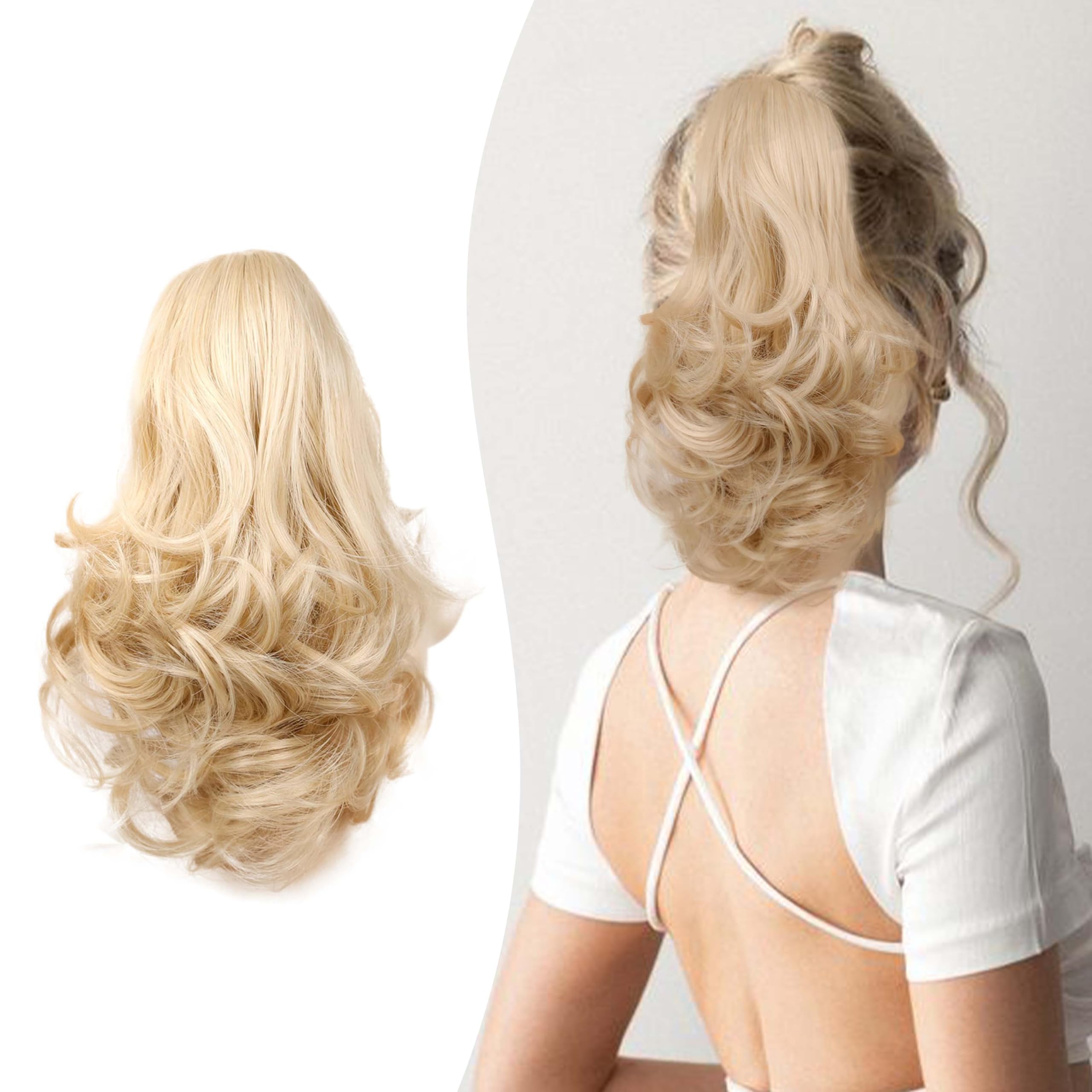 Gairyan 10" Clip in Ponytail Hair Extensions Curly Ponytail Extension Claw on Pony tails Wavy Synthetic Hairpieces for Women Real Natural Short Wave Dirty Blonde mix Bleach Blonde