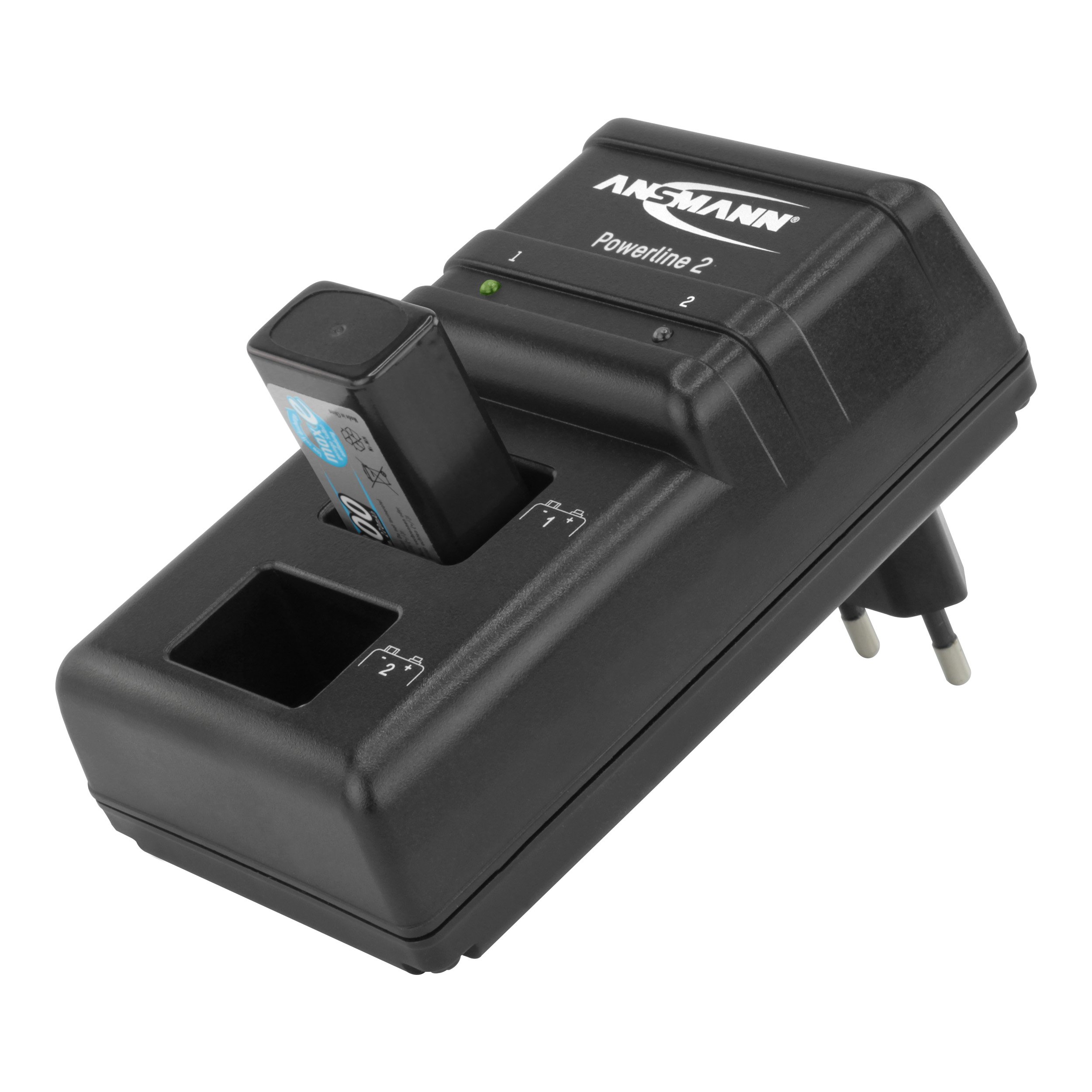 ANSMANN Chargeur Powerline 2 / Chargeur enfichable puissant pour deux accus 9V / charge rapide avec surveillance de chaque plot de charge, protection contre la surcharge et affichage LED / livré avec 2 accus 300mAh