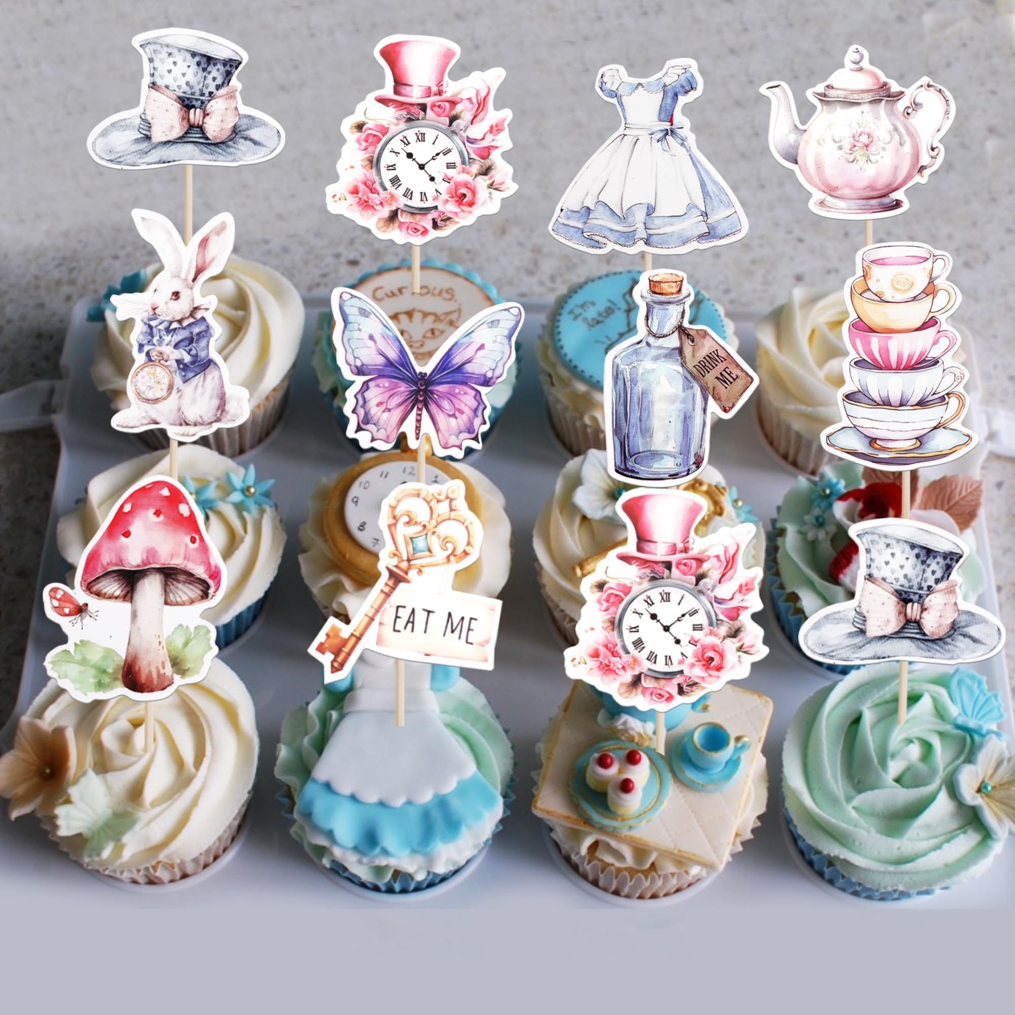 ZHUOWEISM Lot De 40 Décorations Pour Cupcakes Alice Au Pays Des Merveilles - Avec Horloge - Fée « Eat Me » - Motif Chat Et Lapin - Pour Goûter, Fête Prénatale, Fête