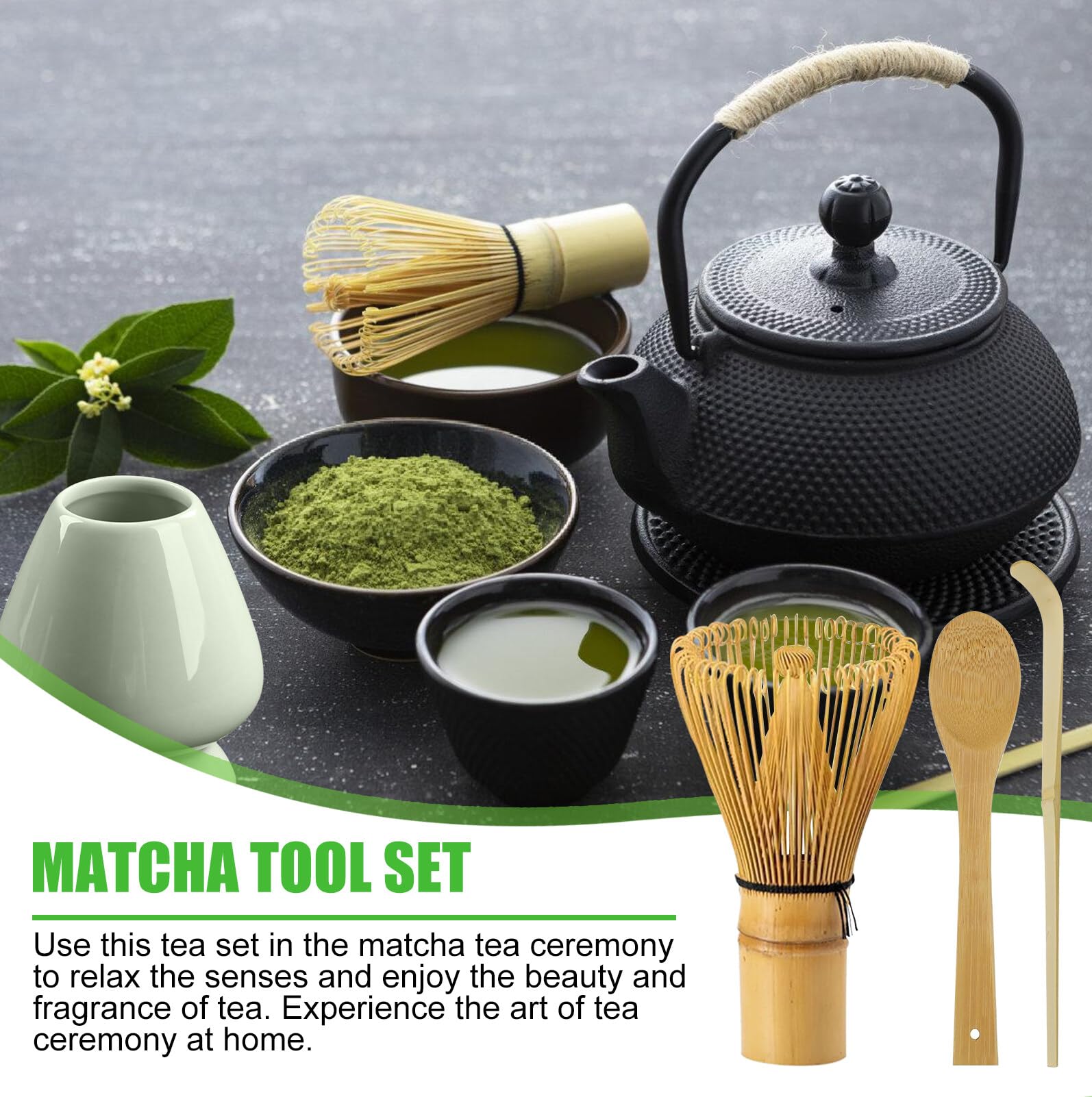 Set Traditionnel Pour Matcha En Bambou - 4 Pièces : Fouet, Cuillère, Spatule Et Support En Céramique - 8