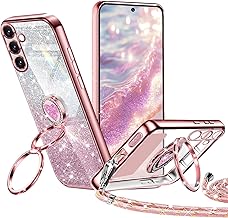 TVVTPU Coque pour Samsung Galaxy S25 avec Cordon Réglable, [360° Motif Coeur Double Anneau Support] Glitter Paillettes Étui en Galvanisé Arrière Silicone Souple Antichoc Housse, Or Rose
