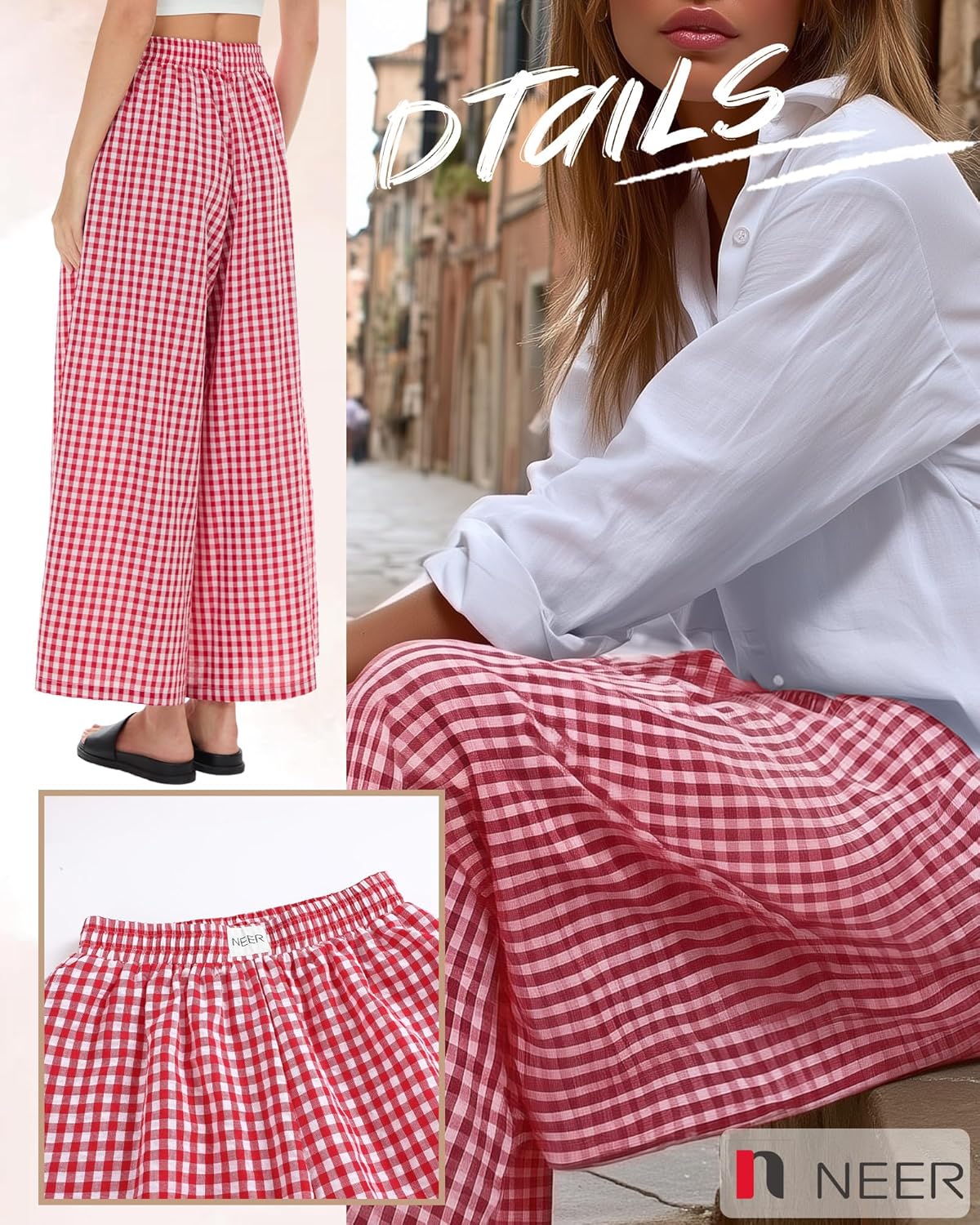 Neer Women's Plaid Gingham Skirt Pants Flowy Oversized Wide Leg Elastic Waist Palazzo Casual Trousers with Pockets - Image 2