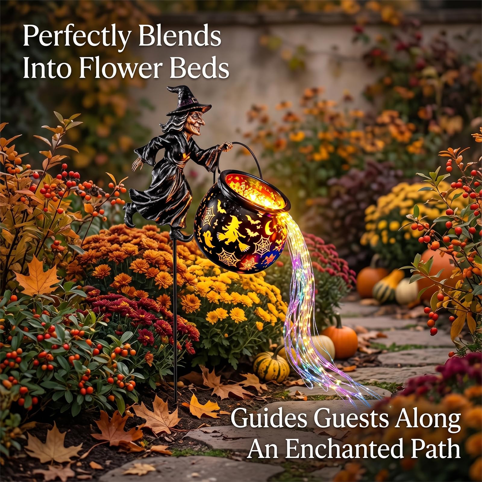 Halloween Hexenkessel Gartenlicht mit Hexe und Wasserfall Lichterkette (1pcs)