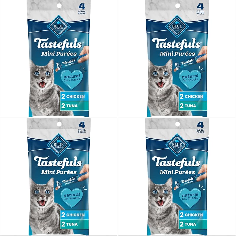 Petisco em Purê para Gatos Adultos Blue Buffalo Tastefuls Mini Purées, Frango e Atum, 4 unidades de 14 g