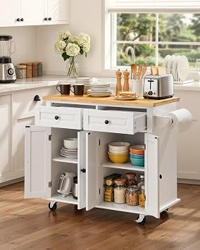 VEVOR Kitchen Island Cart with Solid Wood Top, 35.4 Width Mobile Carts with Storage Cabinet, Rolling Kitchen Table with Spice Rack, Towel Rack, and Drawer, Portable Islands on Wheels, White