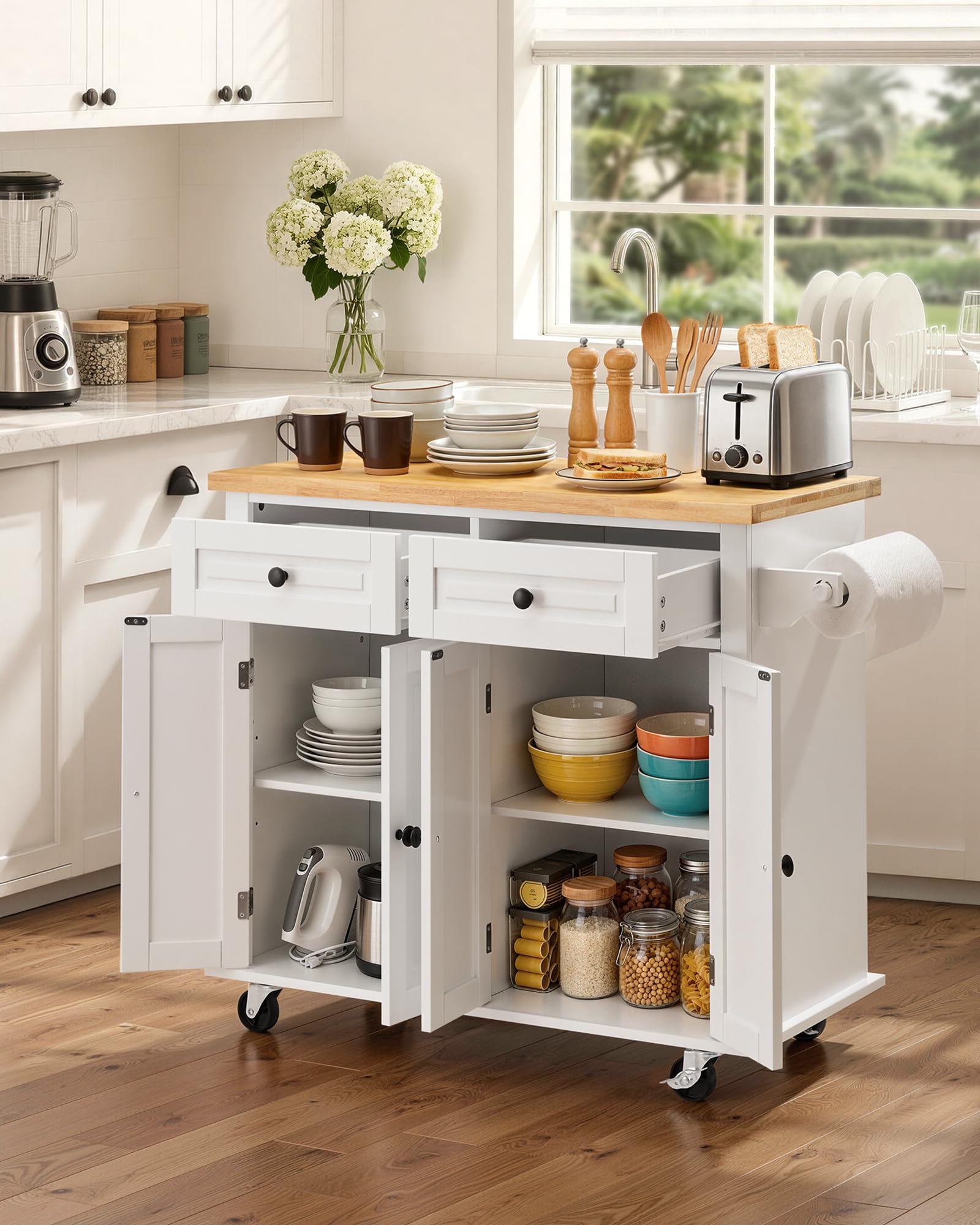 VEVOR Îlot Central 90x45 cm Desserte de Cuisine à roulettes 2 Armoires 2 Tiroirs Meuble de Cuisine avec Plan de Travail en Bois Massif Porte-Épices Porte-Serviettes Buffet de Rangement Bar Cuisine