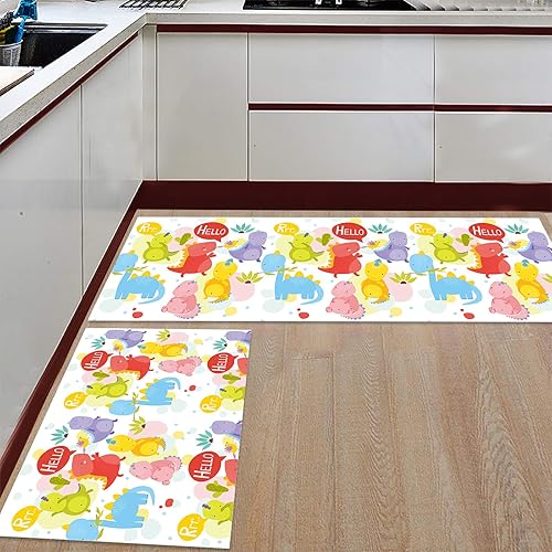 Miniatura 3 de Kitchen Rug Mats Set of 2 Piece Cartoon Cute Dinosaur Non Slip Cushioned Rug Rainbow Green Leaves Anti-Fatigue Washable Comfort Floor Mat Carpets