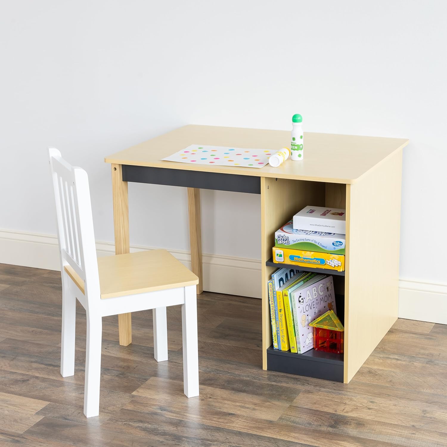 Humble Crew Dalton Toddler Desk and Chair Set, Natural/Black/White/Grey, Kids Study Desk with Storage for Ages 3–6, Homeschool and Activity Table, Easy Assembly, Wooden Furniture