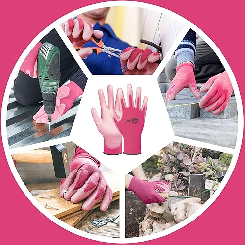 Miniatura 5 de Guantes de trabajo rosados con revestimiento de poliuretano, 3 pares de guantes de trabajo de seguridad, para construcción, almacén, carpintero,