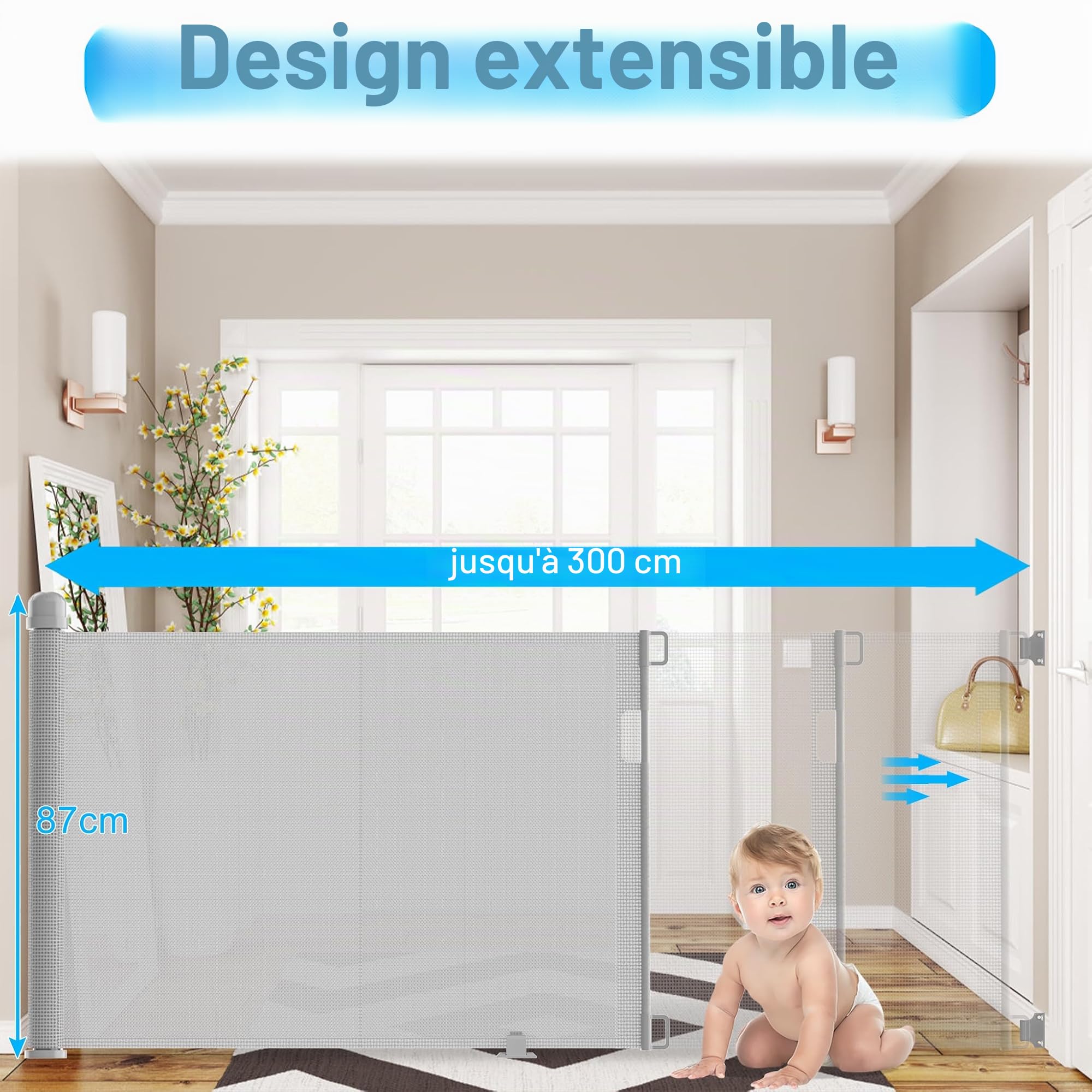 NAIZY Barrière de protection de porte, enroulable, 0 à 300 cm, pour bébé et chien, extensible, pour l'intérieur et l'extérieur, grise, LMZJ-HAG1393A