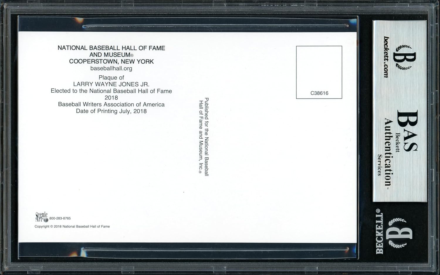 Chipper Jones Autographed HOF Plaque Postcard Beckett BAS Stock #156252