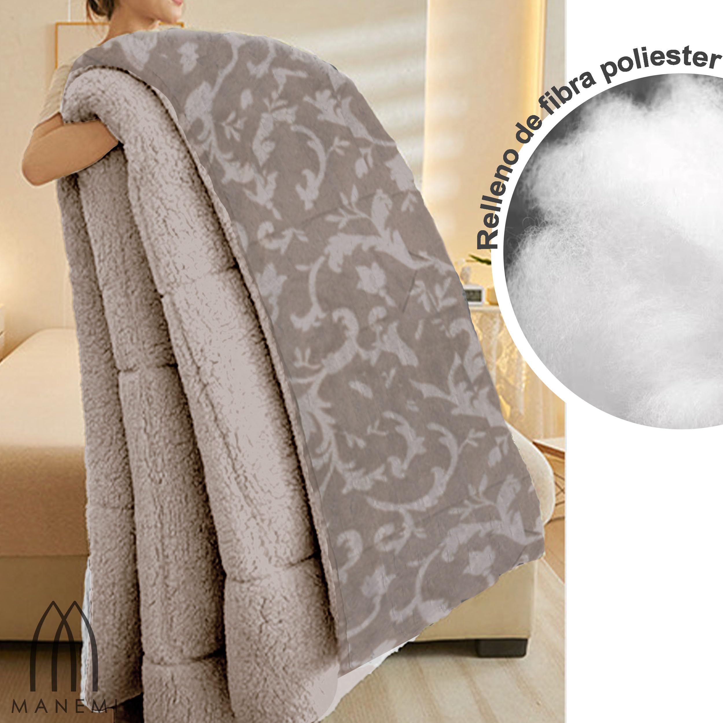MANEMI Edredón Borrego 180 x 260 cm con 1 Funda de Cojín - Nórdico Invierno Cálido y Suave, Relleno de Micro Fibra Poliéster, Reversible Franle y Sherpa