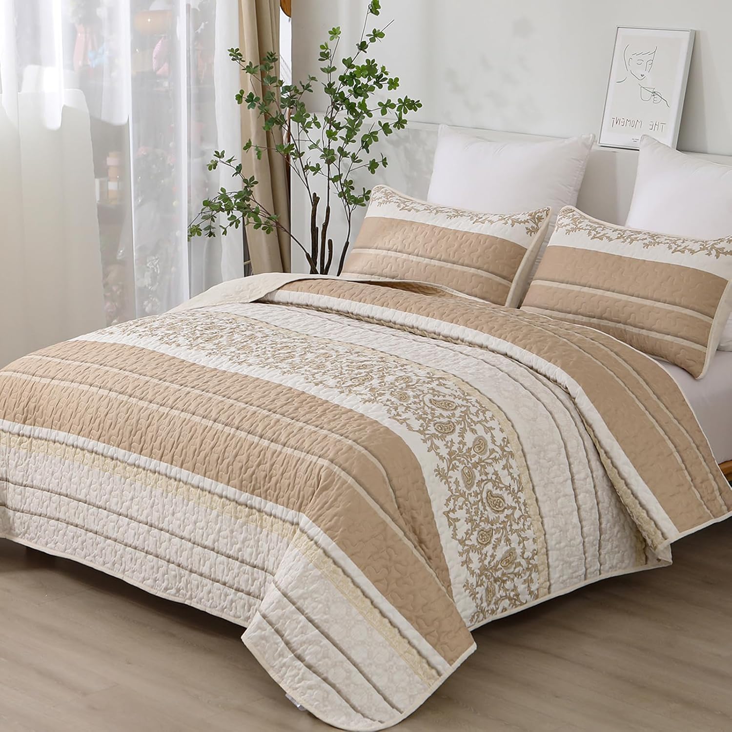 Anibedding Brown Quilt Set King Size, 3 Pieces Reversible