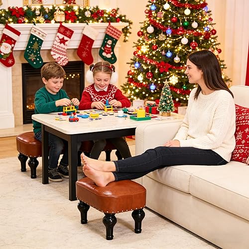 Miniatura 5 de Reposapiés otomano de cuero, taburetes rústicos, reposapiés de madera, reposapiés rectangular pequeño otomano para dormitorio, sala de estar,