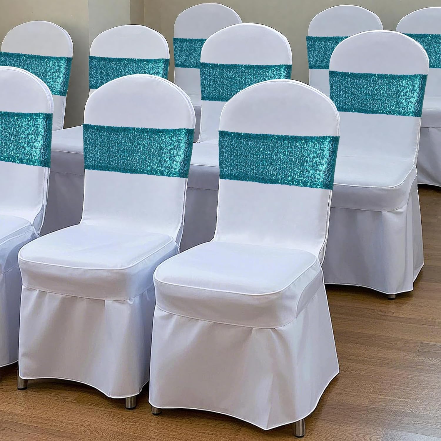 Poise3EHome Teal Sequin Chair Sashes 50 Pack, Double Sided Glitter Folding Chair Cover Bands for Wedding Party Ceremony Banquet Reception Decorations