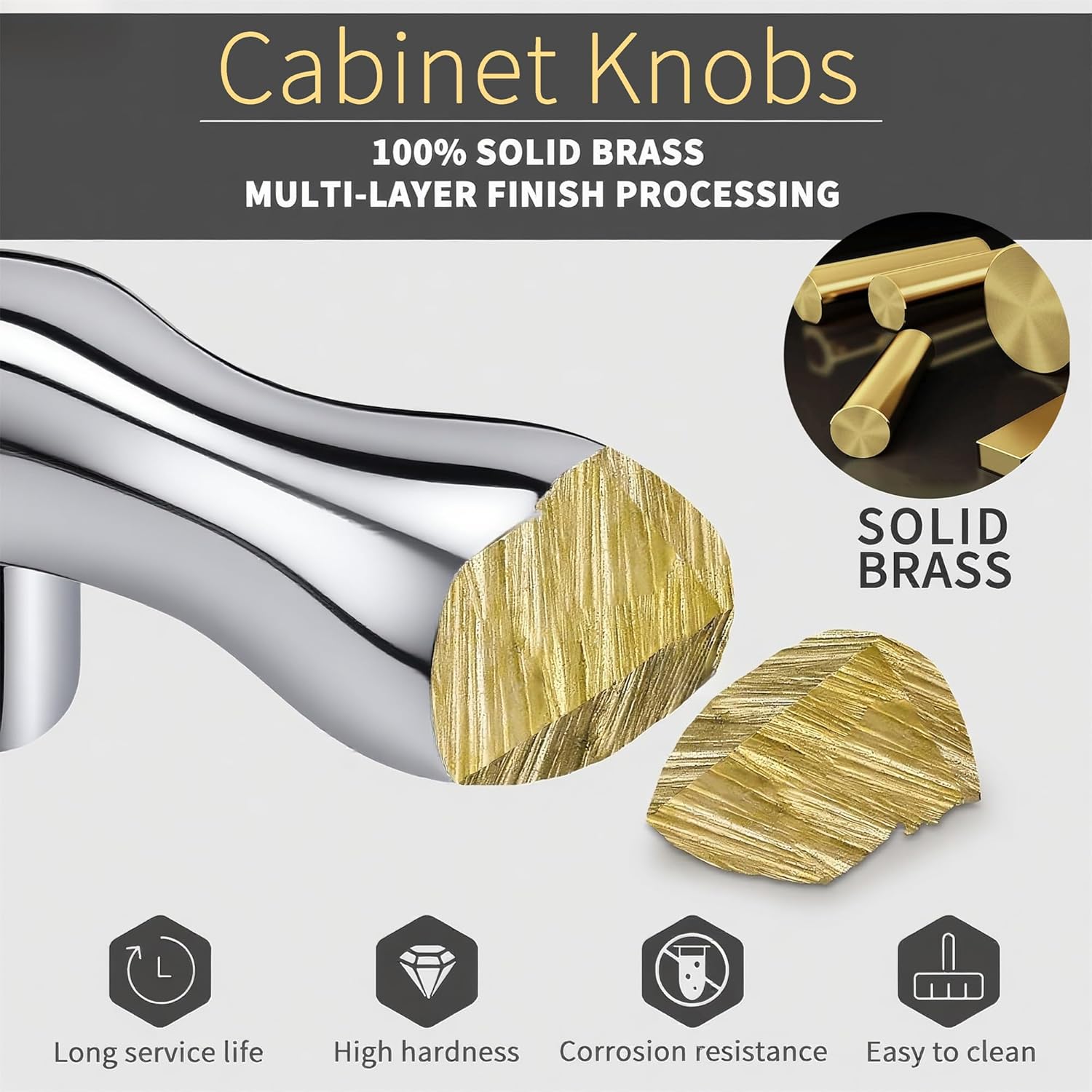 Solid Brass Cabinet Knobs, Silver-Tone Dresser Pulls Handles, Modern Ergonomic Teardrop Shaped Unique Hardware for Cupboard Drawer, Kitchen, Bathroom
