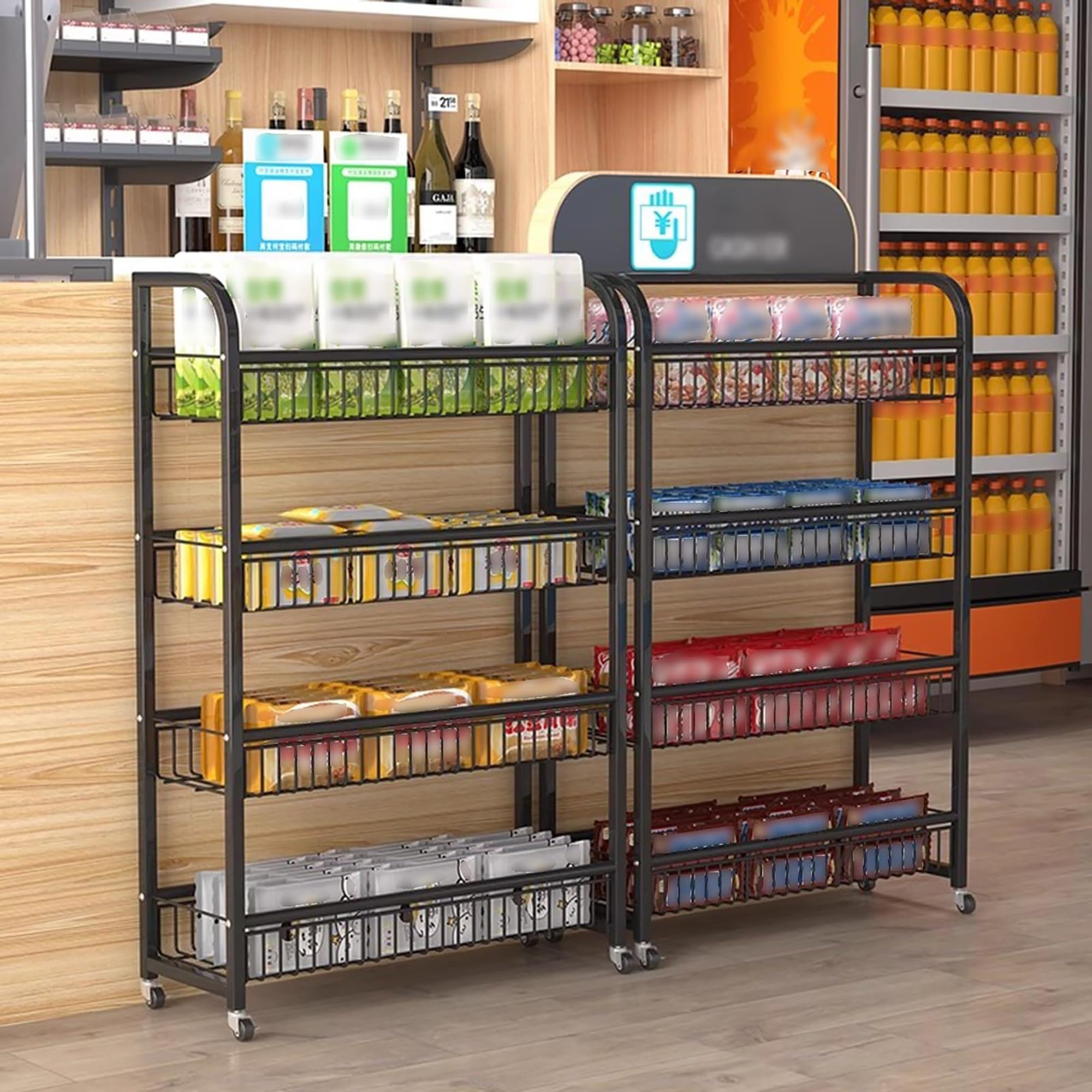 4-Tier Floor Display Rack, Potato Chip Stand, Snack Organizer Racks, Heavy Duty Metal Supermarket Storage Organizer for Fruit Vegetable Crackers, Snack Baskets for School Office Theatre(Blac