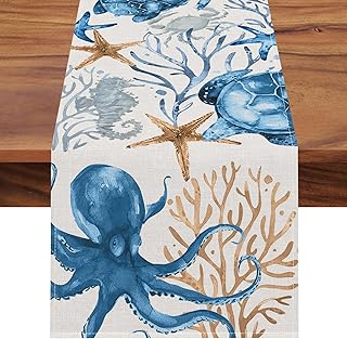 Seliem Summer Octopus Turtle Starfish Coral Coastal Table Runner, Under The Sea Home Kitchen Dining Teal Marine Life Decor, Ocean Creature Nautical Beach Decorations Indoor Outdoor Party Supply 13x60