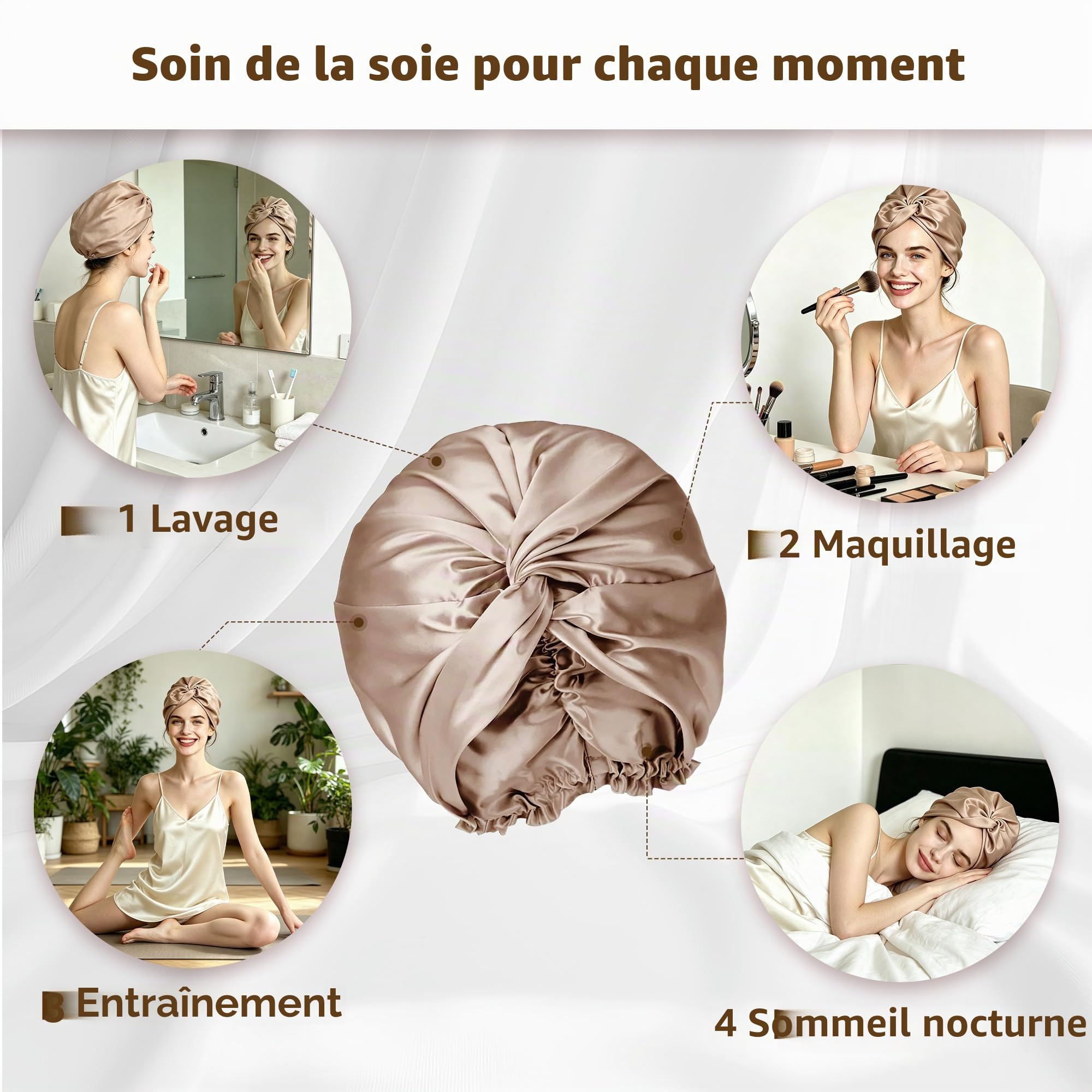 townssilk Bonnet de nuit 100% soie de mûrier pour femme, bonnet de nuit 16 momme en soie, bon pour les cheveux, protège les cheveux, bonnet de nuit en soie, double couche,coffee