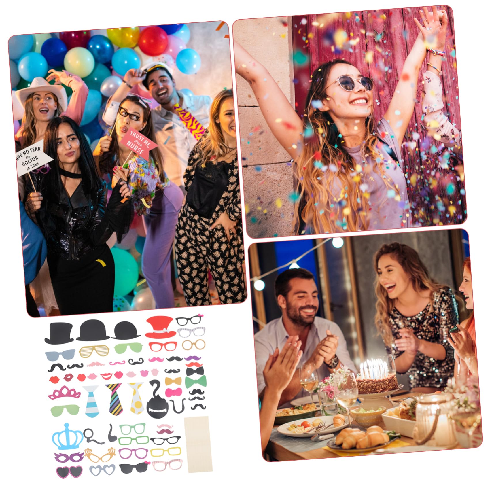 60 Lustige Foto Requisiten mit Schnurrbartmasken, Party | Hochzeiten und Weihnachten, Karton mit Bambusstäben, Gemischte Ausführung, Inklusive Klebepunkte Zufälliger Stil