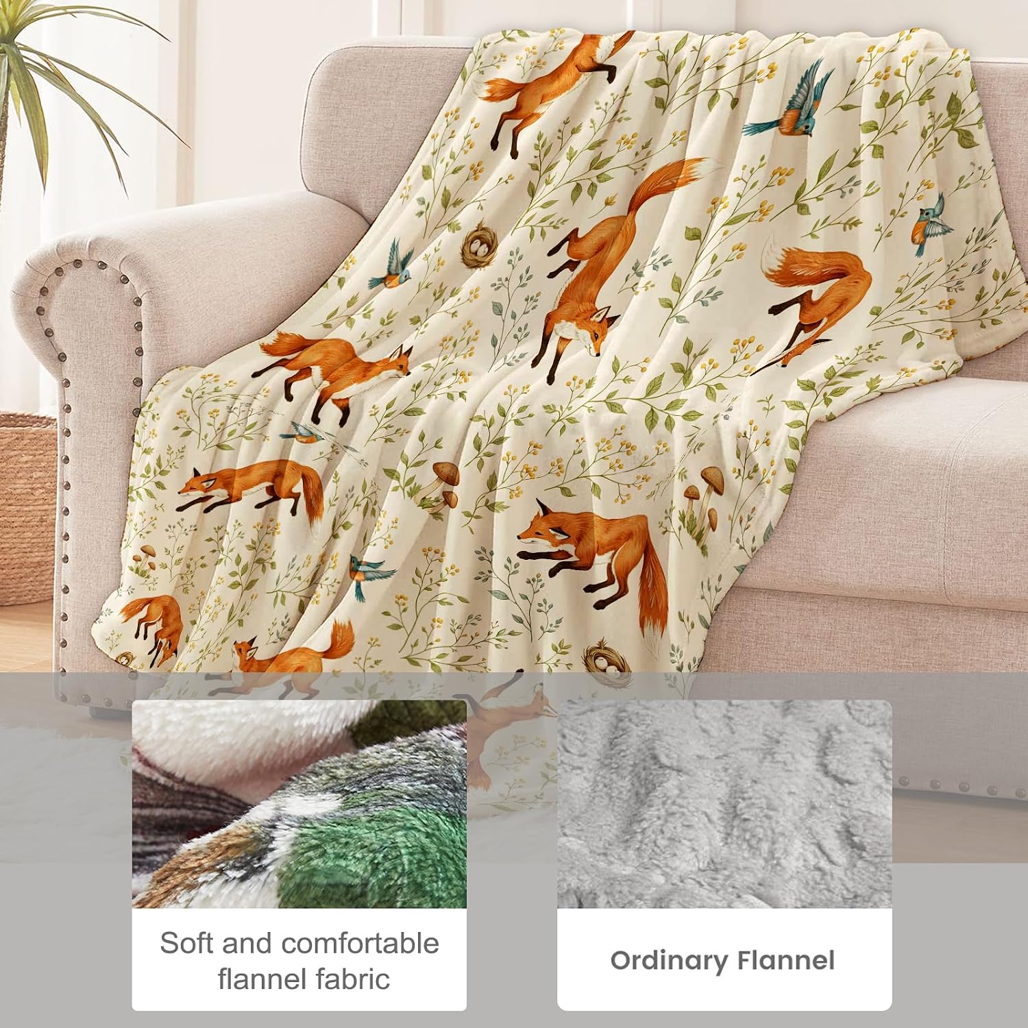 Vintage Fox Throw Blanket Warm Lightweight, Retro Bird Botanical Flannel Blankets Gifts for Girls Boys Fox Lovers, Home Decor Throws for Couch Sofa Camping Office Travel, Beige 60"X50" image 4