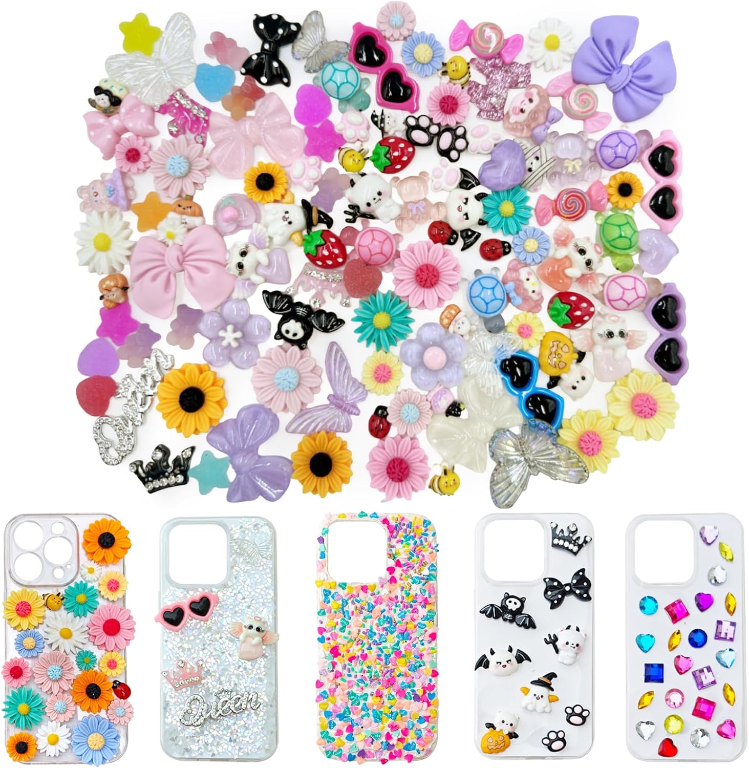 Phone Case Charms Kit, Charms for Customizing Cases, Bow, Letter Beads, Nail Accessories, Flatback Pearls, Rhinestones, Cute Aesthetic Decor for Personalization,Cheerleader Gifts for Backpacks