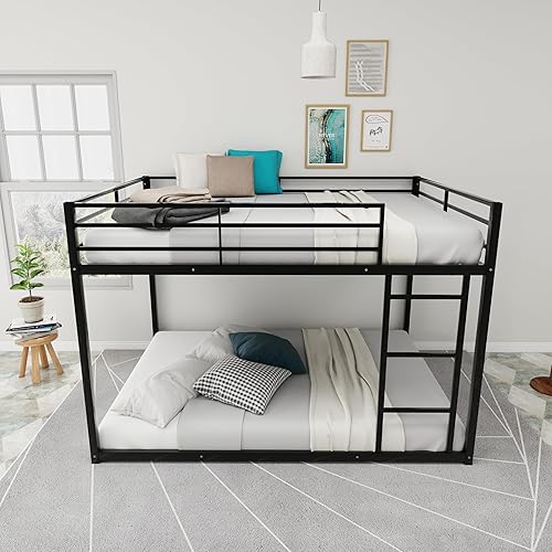 LUSPAZ Full Over Full Size Metal Bunk Bed Frame with Ladder for Kids, Safety Bunk Bed with Sturdy Construction, Easy Assembly, No Box Spring Required, for Kid's Room or Dormitory, Black