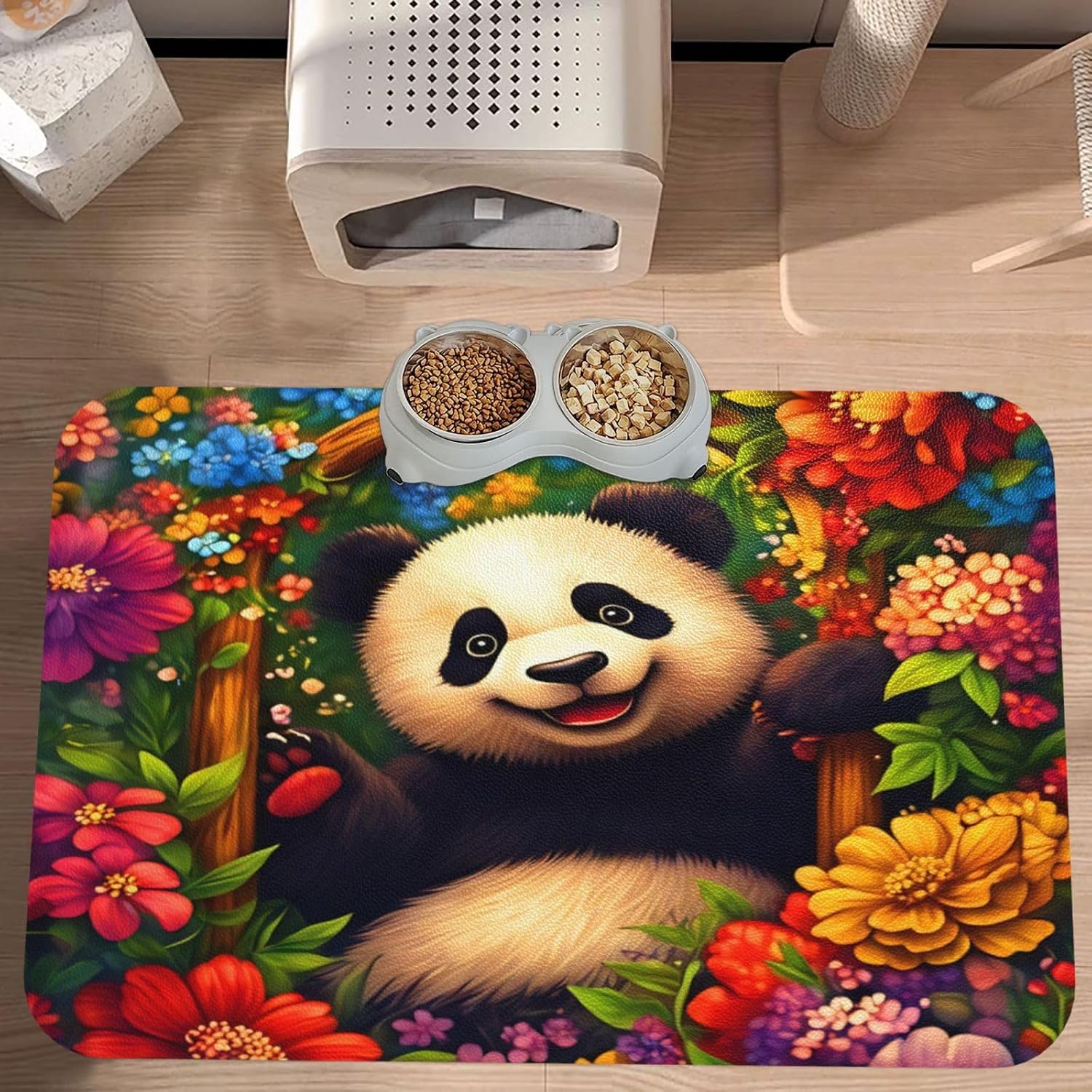 Cute Panda Dog Food Mat, Leather Pet Feeding Mat, Cat Mat for Food, Absorbent Pet Placemat for Indoor Outdoor Water Bowl 40x60cm