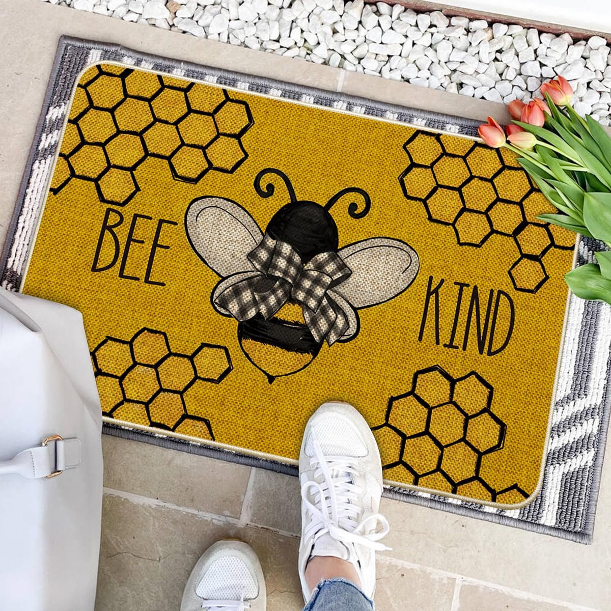 Artoid Mode Bee Kind Bow Tie Yellow Spring Doormat, Seasonal Summer Home Decor Low-Profile Switch Rug Door Mat Floor Mat for Indoor Outdoor 24x35 Inch