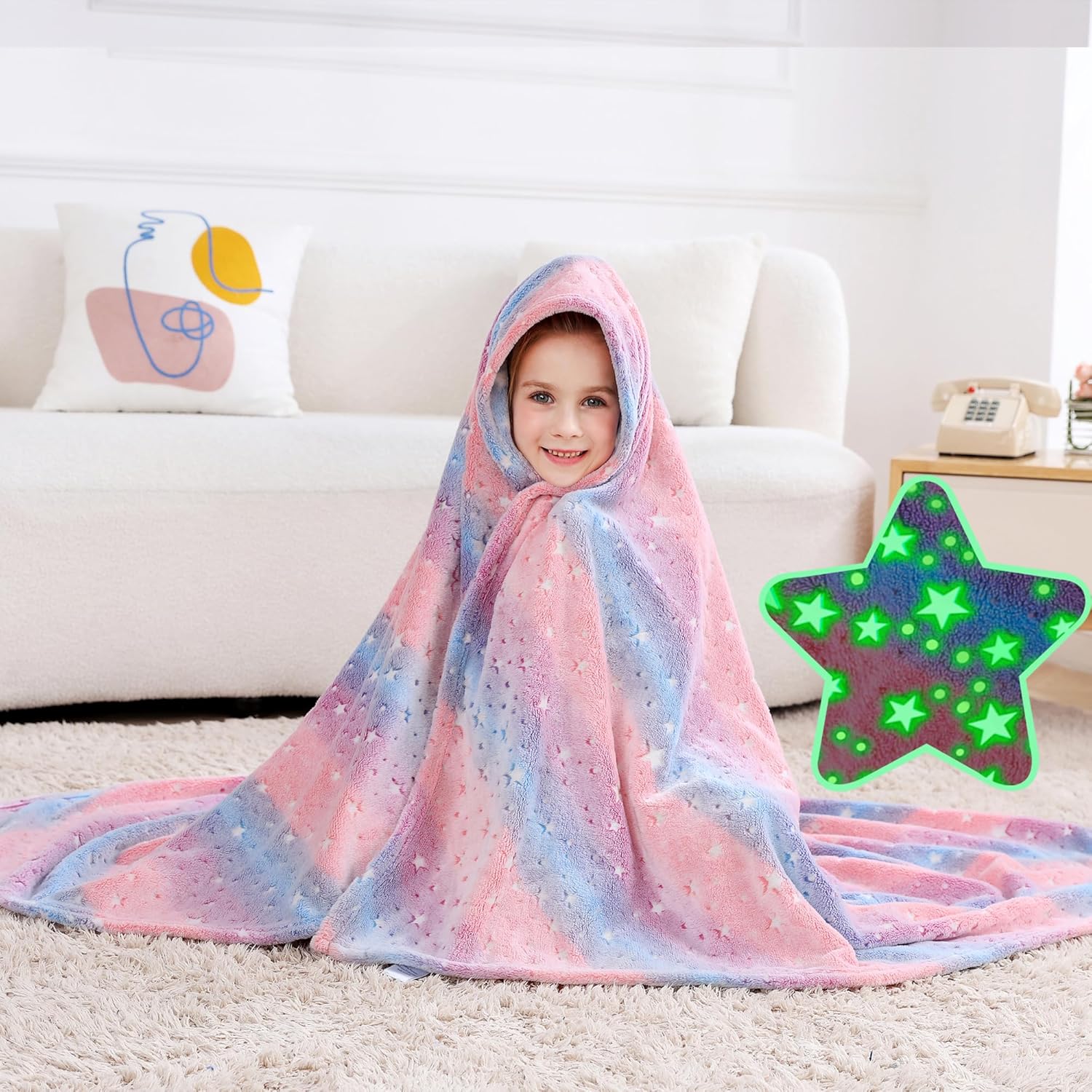 Softan Kids Stars Throw Blanket Glow in The Dark, Kids Blanket Gifts for Girls & Boys, Soft Cozy Flannel Luminous Stars Blanket for Sofa Couch Bed, Christmas Birthday Gift Toddler, 50x60IN