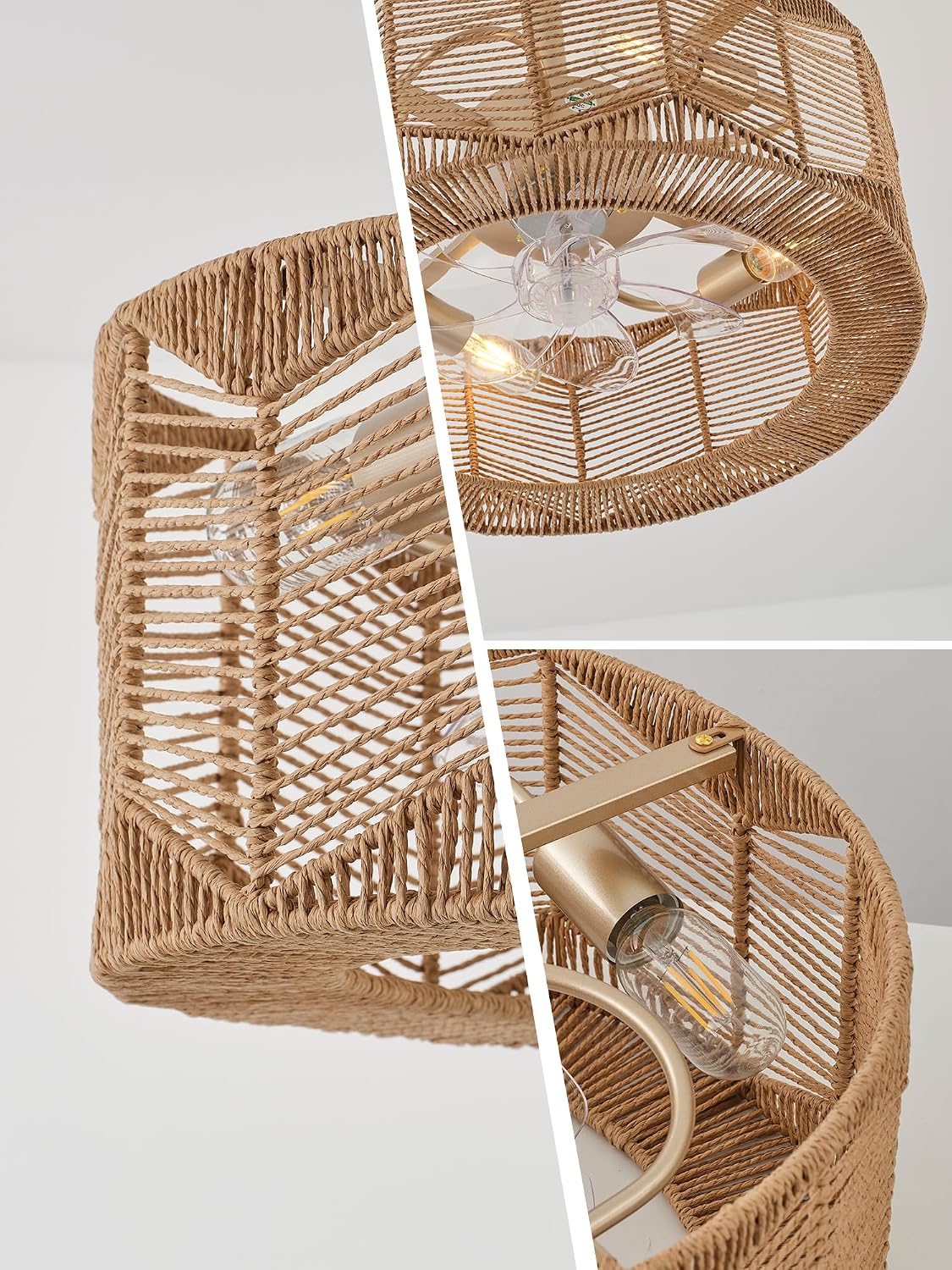 Boho Fandelier Enclosed Ceiling Fan with Light, Rustic Caged Ceiling Fan, 7 Blade Ceiling Fan with Light & Remote Control, 6 Speeds Reversible Timing, for Bedroom Living Room Dining Room