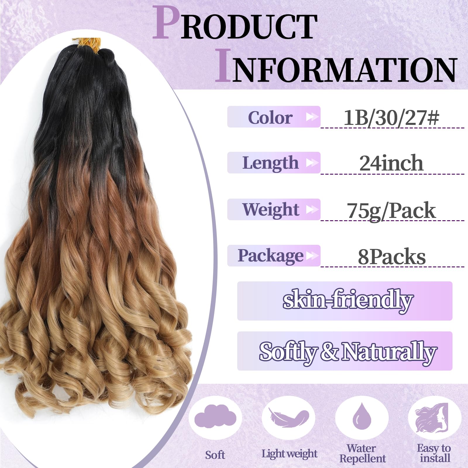 Locescsoc 24 Inch French Curls Braiding Hair 8 Packs Spanish Curly Braids Pre Stretched Loose Wave Soft French Curl Synthetic Braiding Hair Extensions for Women (1B/30/27 - Image 2