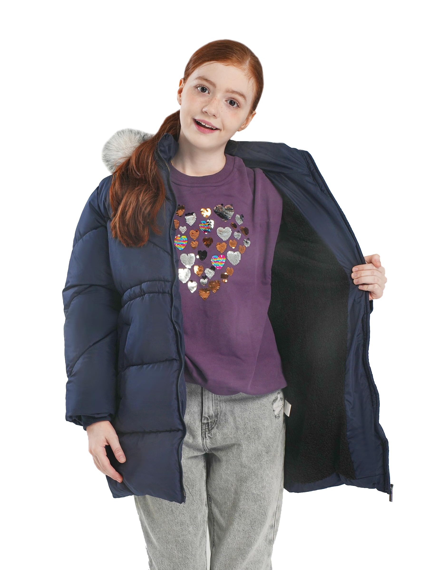 SOLOCOTE Abrigo de invierno para niñas resistente al agua plumas acolchado con capucha forro polar ribete de pelo sintético parka larga gruesa para niños