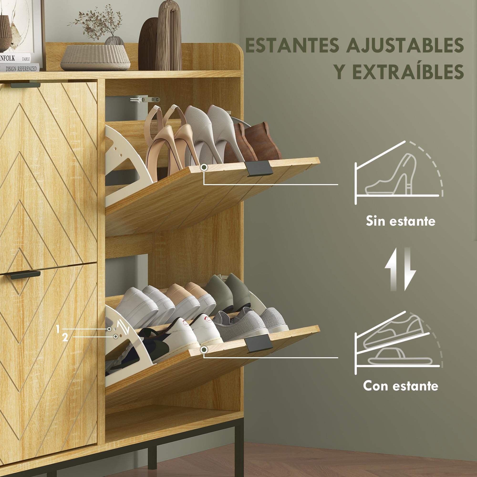 HOMCOM Zapatero Estrecho con 4 Puertas Zapatero Entrada Recibidor con Estantes Ajustables para 16 Pares de Zapatos 110x23,5x95,5 cm Roble