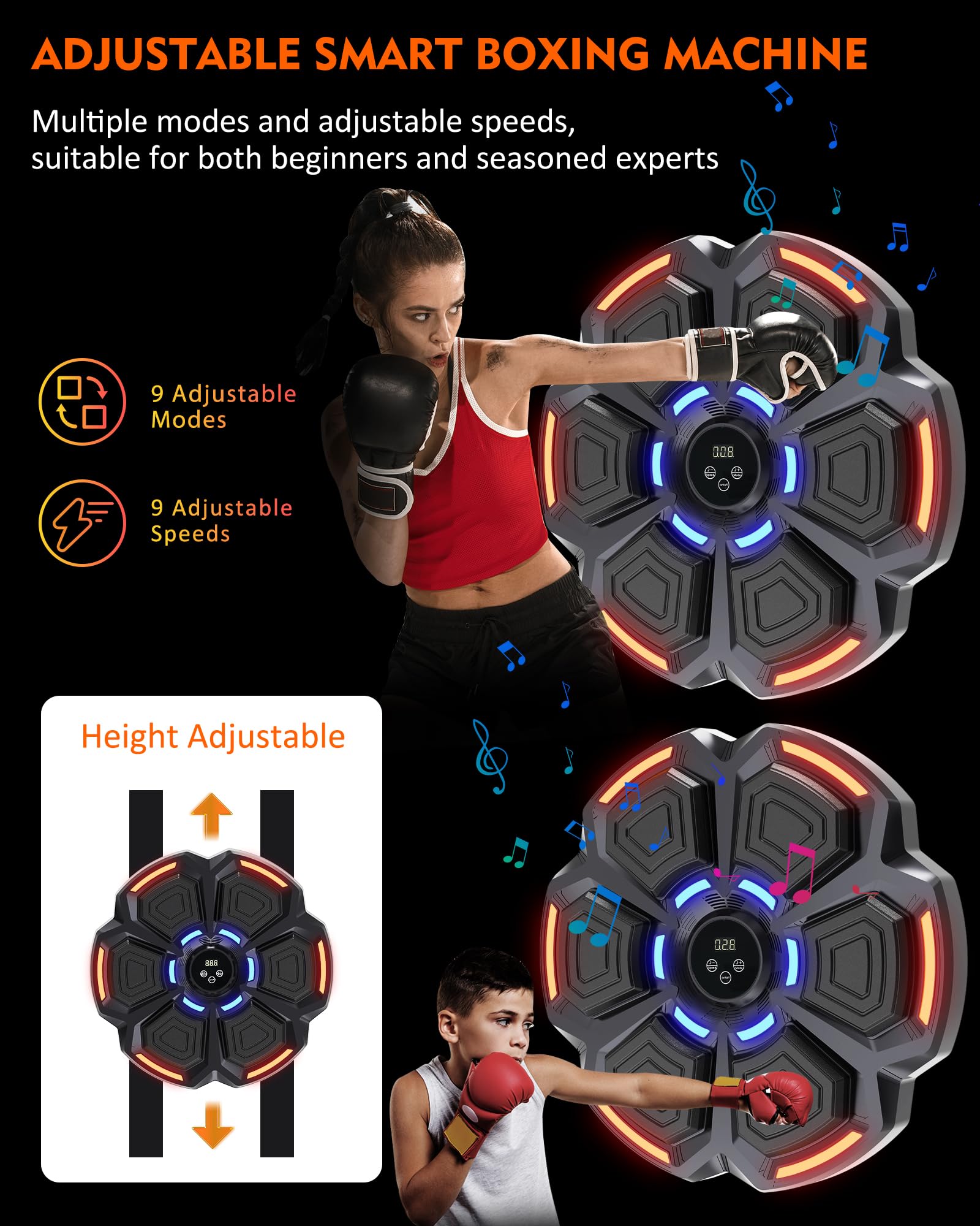 snawowo Music Boxing Machine Adultos - 9 Modos de Velocidad Boxe con Music Pared con Guantes De Boxeo - Máquina de Boxeo con Bluetooth y Recuento Inteligente y Luces al Ritmo de la Música