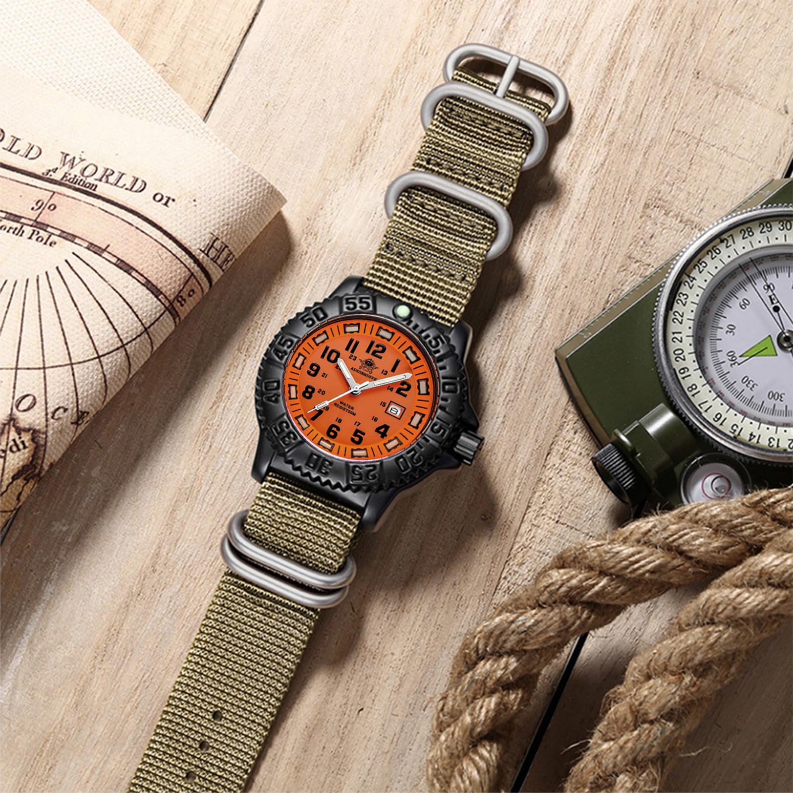 ADDIESDIVE Reloj para hombre con carcasa de aleación mineral, analógico, de cuarzo, bisel giratorio, luminoso, militar, con pulsera de acero inoxidable, correa de nailon verde oliva/caqui
