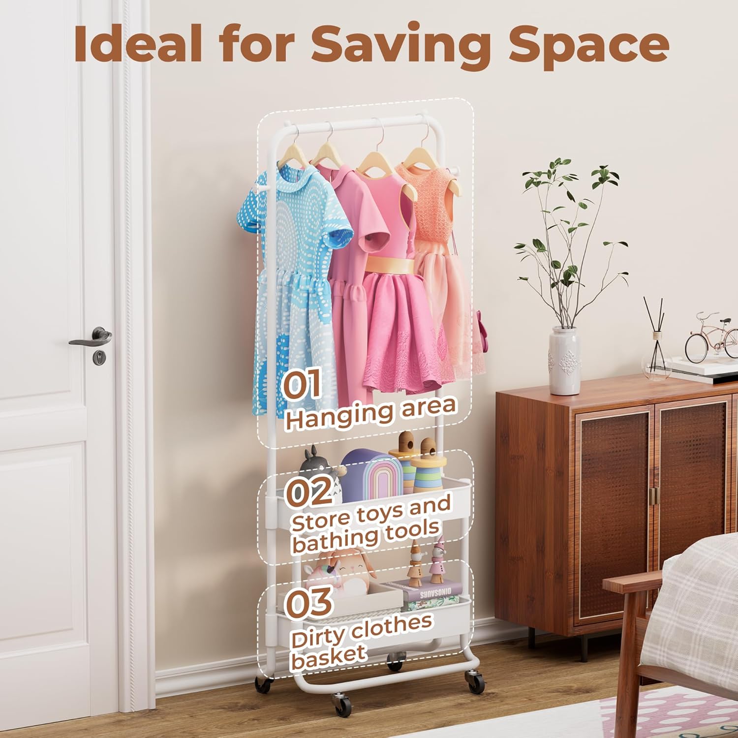 Laundry Cart with Hanging Rack & Wheels, Rolling Laundry Cart, Laundry Sort with 2 Tier Baskets for Laundry Room, Bathroom, Bedroom, Laundry Rack, White