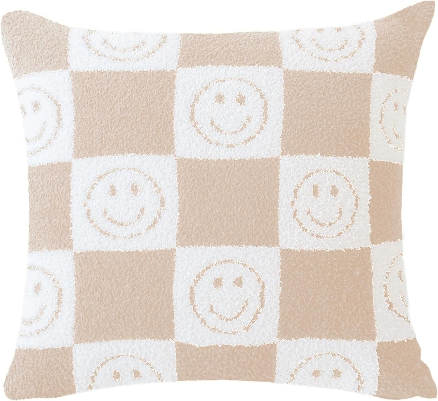 Pack of 2 Ultra Soft Cozy Happy Smiling Face Checkered Knitted Throw Pillow Cover Fluffy Microfiber pillocase Decorative for Sofa Bed 18 Inches Both Sides (Cream)
