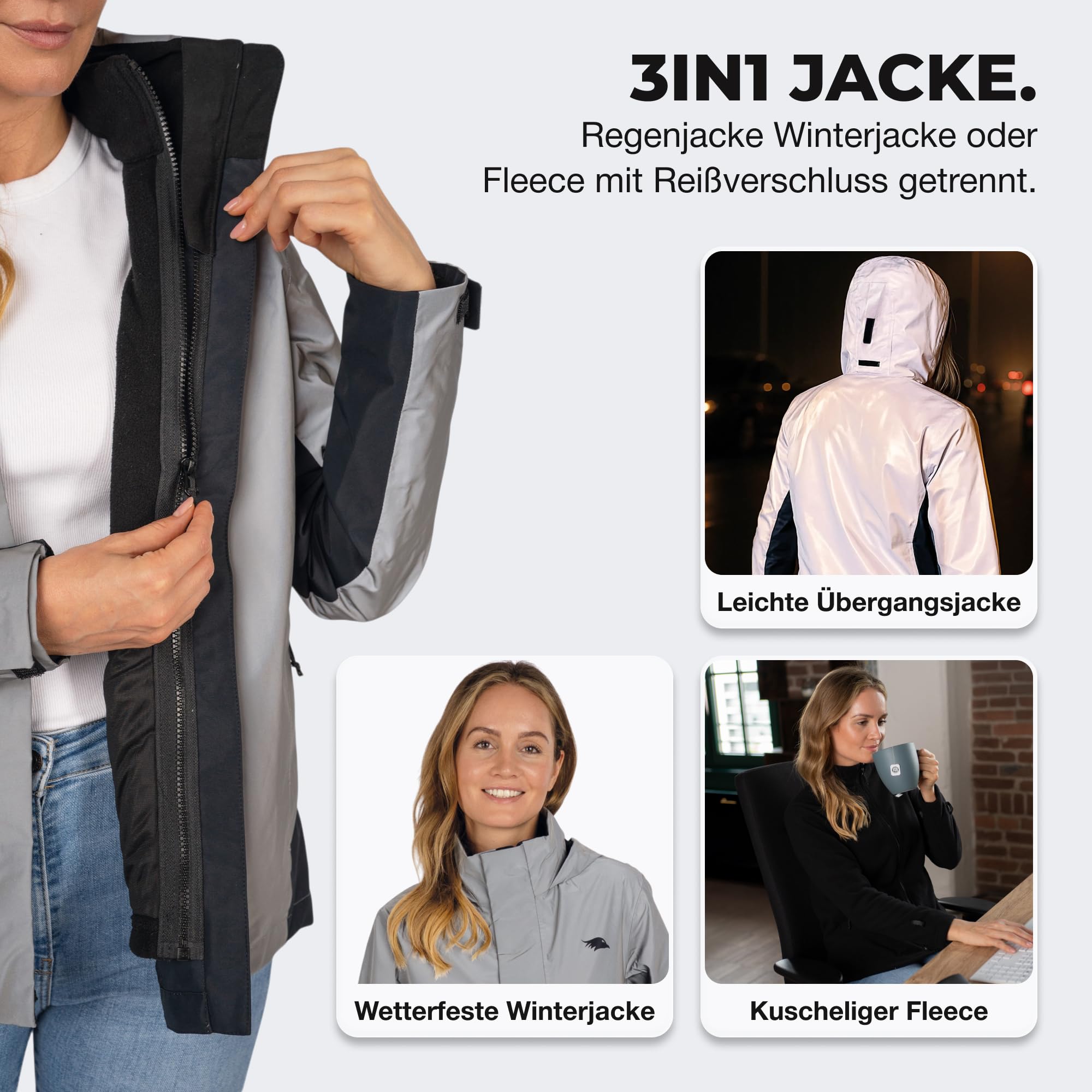Valkental - Reflektierende & Wasserdichte 3in1 Jacke Damen [Fleece Zipp-In & Verstaubare Kapuze] Geeignet als Winterjacke, Regenjacke & Fahrradjacke - 10.000mm Wassersäule - Doppel Reißverschluss