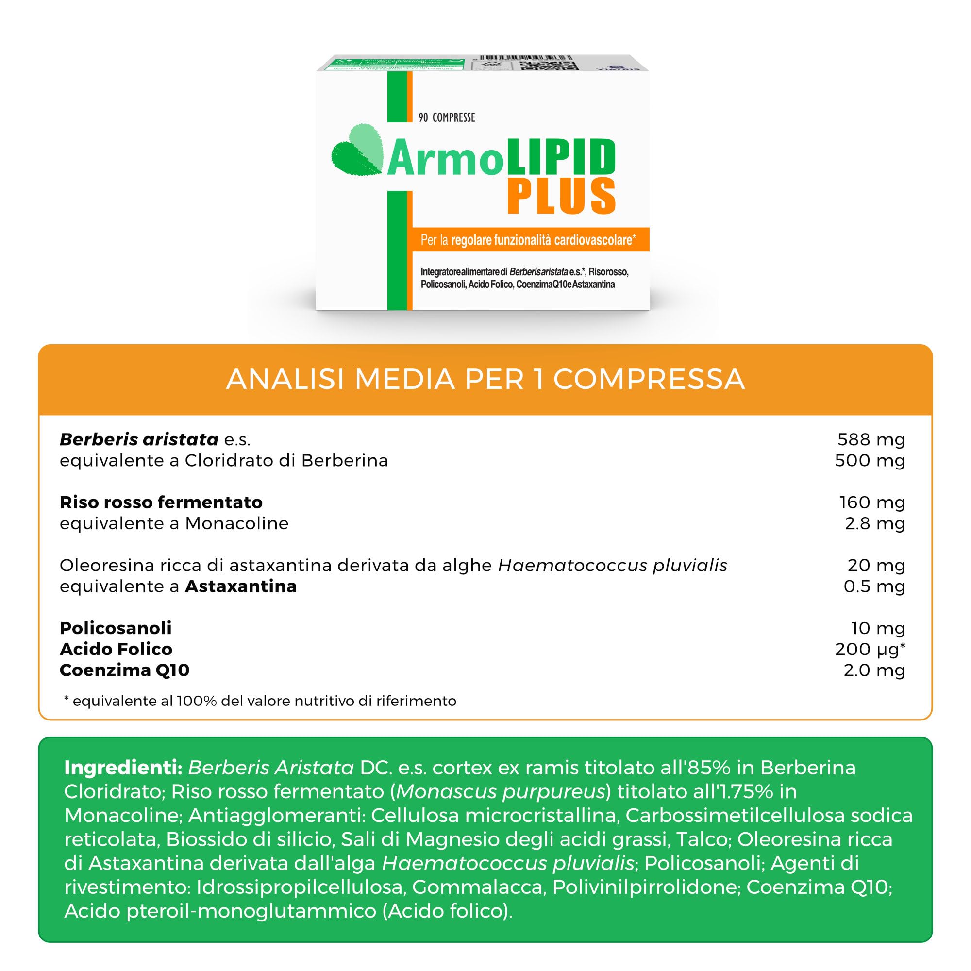Armolipid Plus - 90 Compresse, Integratore Alimentare con Berberis Aristata, Riso Rosso Fermentato, Acido Folico, Policosanoli, Coenzima Q10 e Astaxantina