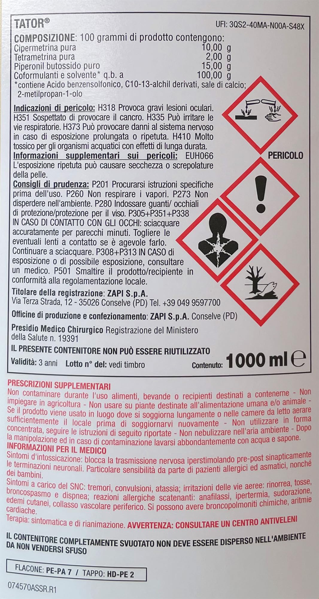 Hygiene System | Zapi Tator BIA Plus Insetticida Concentrato da 1 Litro, per Ambienti Interni ed Esterni – Controllo di Zanzare, Mosche Insetti Volanti e Striscianti