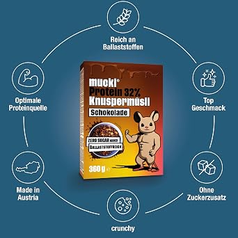 mucki Protein Crispy Muesli with Chocolate 360 g x 7-7 Pack High-Quality Protein Cereal without Sugar Protein-Rich Chocolate Muesli with 32% Protein Content Oatmeal Soy Crispies and Fibre