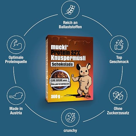 mucki Protein Crispy Muesli with Chocolate 360 g x 7-7 Pack High-Quality Protein Cereal without Sugar Protein-Rich Chocolate Muesli with 32% Protein Content Oatmeal Soy Crispies and Fibre