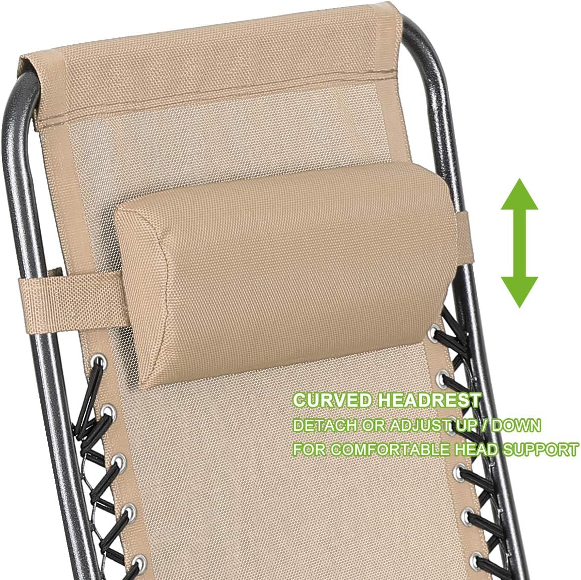 Set of 2 Zero Gravity Lounge Chair Recliners Steel Mesh Fabric Outdoor Folding Chair w/Footrest, Adjustable, Pillow and Tray, Tan