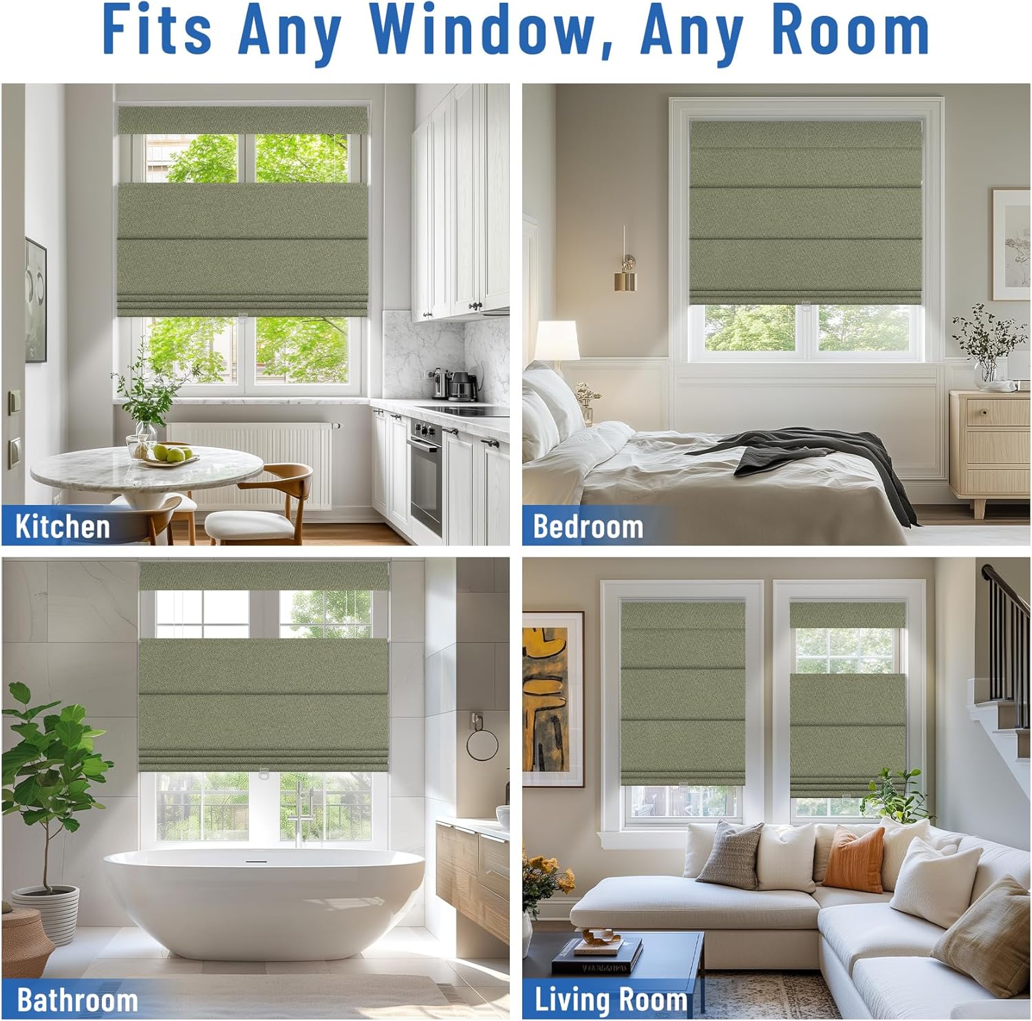BERISSA Top Down Bottom Up Roman Shades for Windows, Blackout Roman Blinds for Living Room,Bathroom,Bedroom,ṲV Protection,Privacy,Thermal Insulation, Linen Textured Green,Custom Size